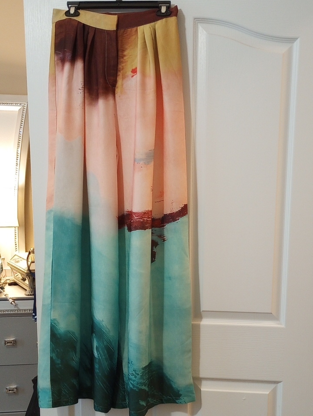 Multi-Color Printed Wide Leg. Pants - Aqua, Peach & Brown